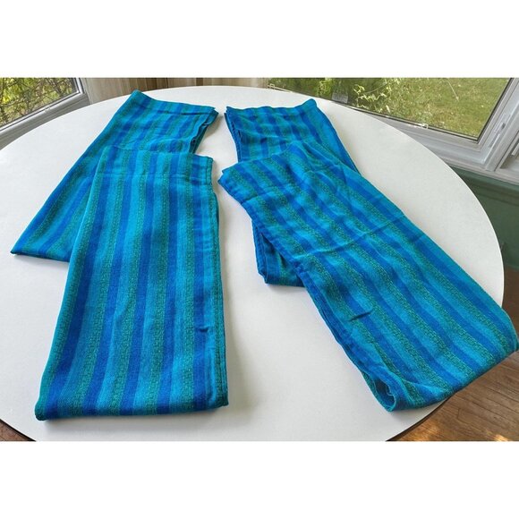 Vintage 70s curtains, peacock blue green stripes, pair of panels - Picture 6 of 7